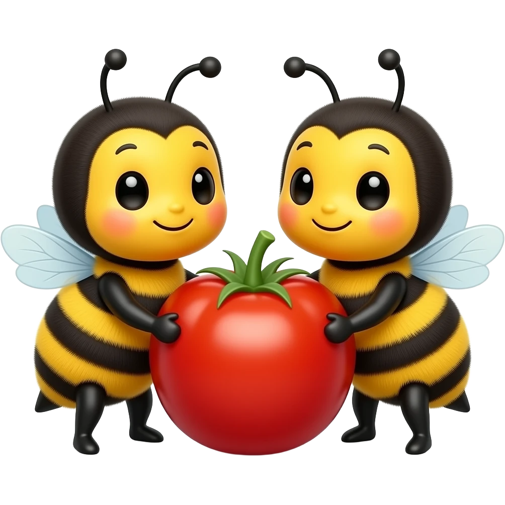 two cute bumblebees holding a cherry tomato together emoji