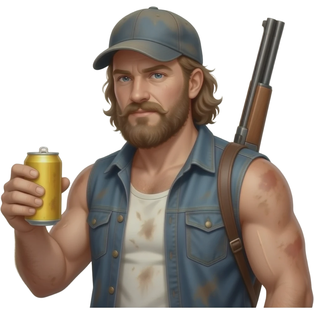 Portrait von einem nackten, typisch Aussehender redneck mit alten cap. Er ist maskulin, behaart. Seine Haut ist staubig und dreckigen und verschwitzt. Er hat eine Bierdose in der Hand und eine Schrotflinte um seinen Rücken umgehängt. Er hat ein ungepflegten, zottligen lange Bart. emoji