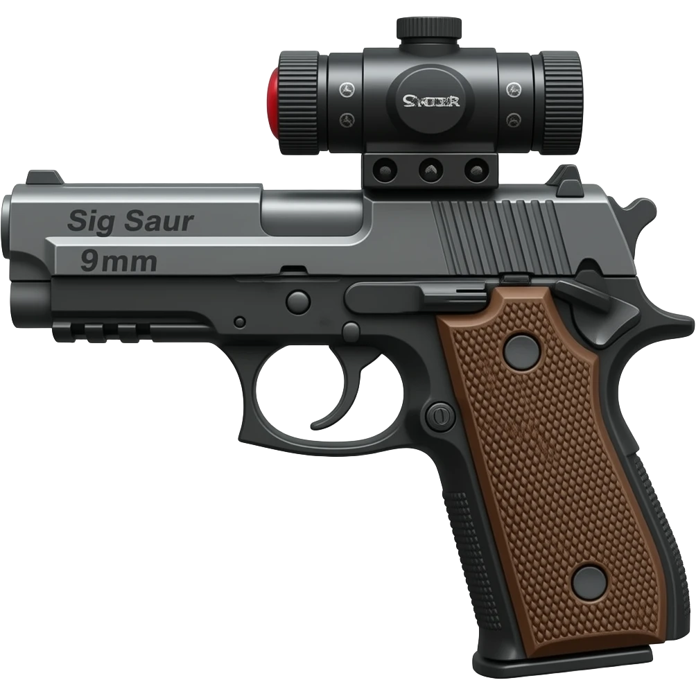 Make the sig saur 9mm pistol and add the name "Sig Saur 9mm" on the barrel . Make the name darker.   Make a red dot scope on the gun. emoji