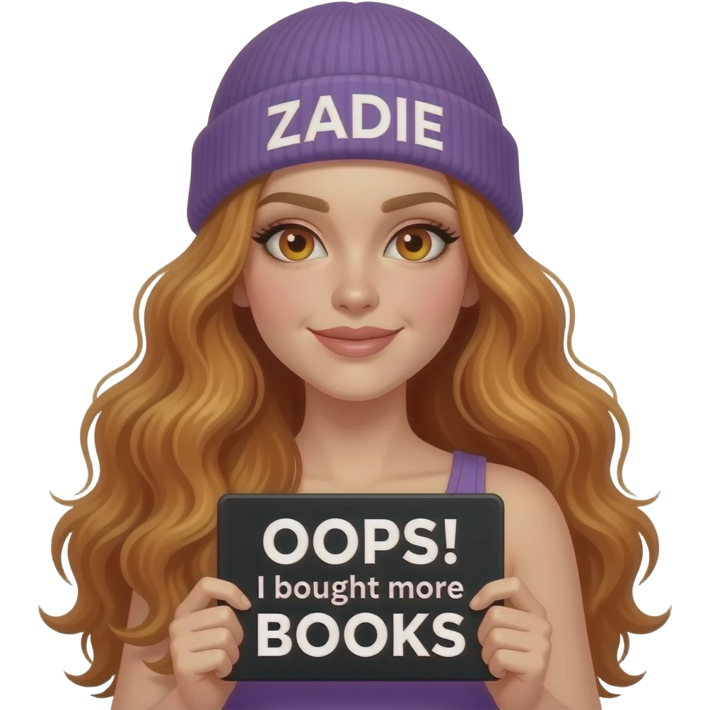 sexy girl with overlong wavy ginger hair and ginger eyes wearing a purple tanktop and a purple beanie with ZADIE written on it, is holding a black sign with OOPS! I bought more BOOKS written on it emoji