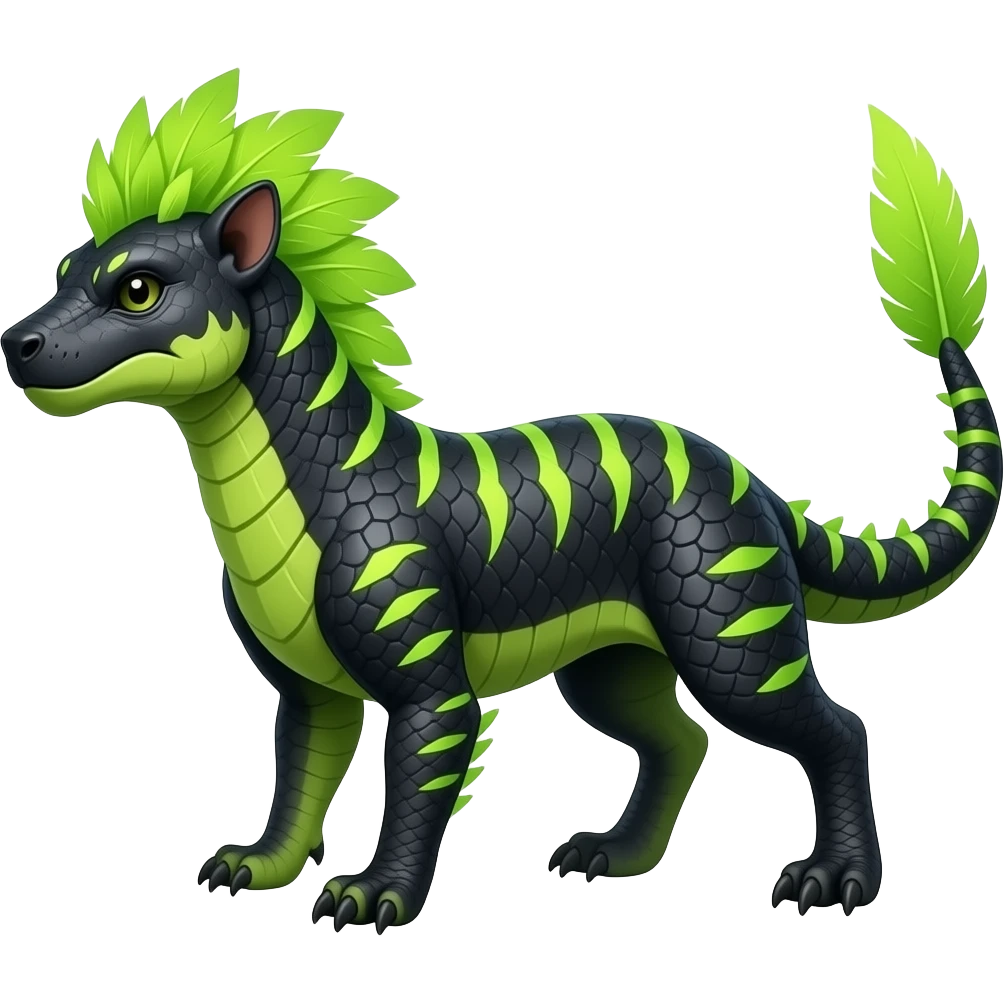 Cool edgy ancient black-scaled with neon-colored stripe markings digitigrade bipedal vintage futuristic raptorik fantasy-Cyberpunk-Steampunk-Solarpunk-Genesect-Salamence-Tyranitar-Vernid-Fionbri-Fakémon-animal-hybrid, with neon-green feather-mane, and a tail blade, back spikes, full body emoji