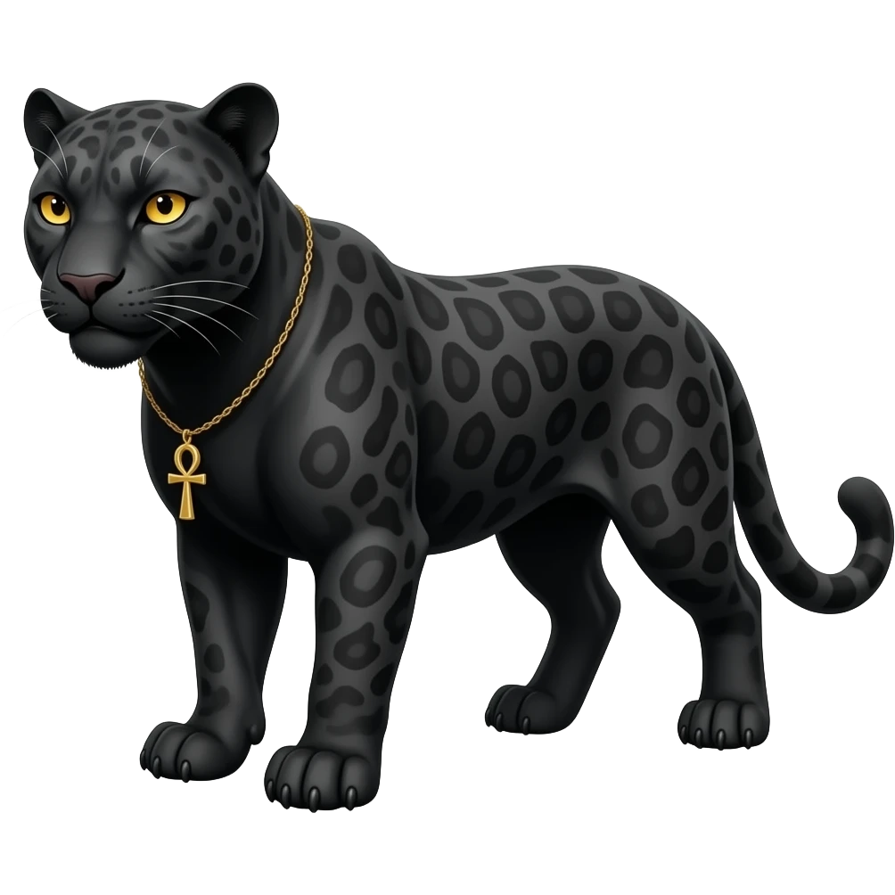 a black panther on all fours with dark grey markings in its black fur and golden yellow eyes. an ankh necklace around its neck emoji