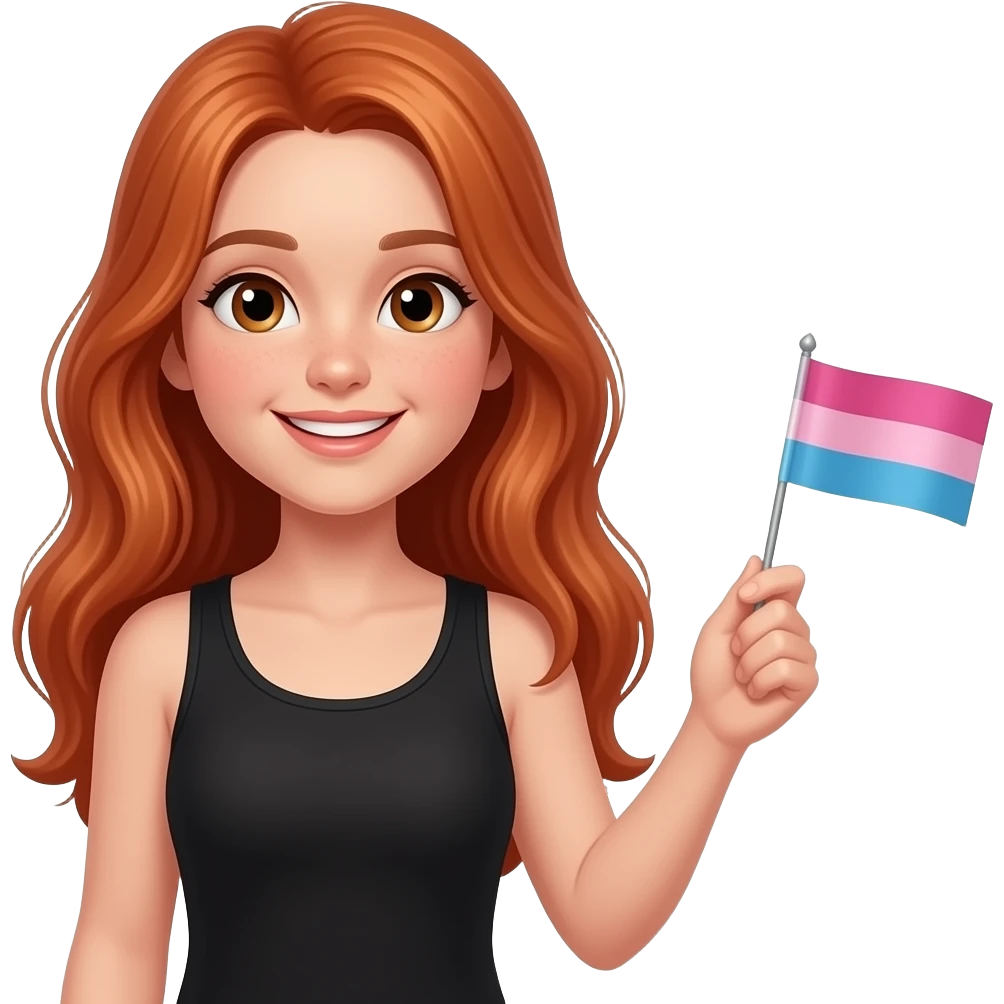 ten year old with long red hair and a black tanktop holding a bisexual flag and saying "I'm proud to be LGBTQ but won't tell my parents!!" emoji