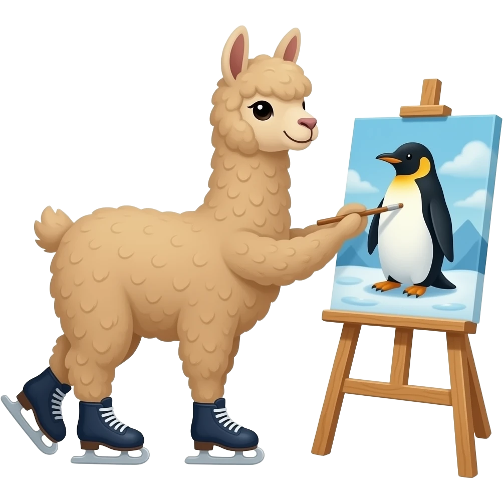 crea a una alpaca patinando y a un pingüino pintando un cuadro emoji