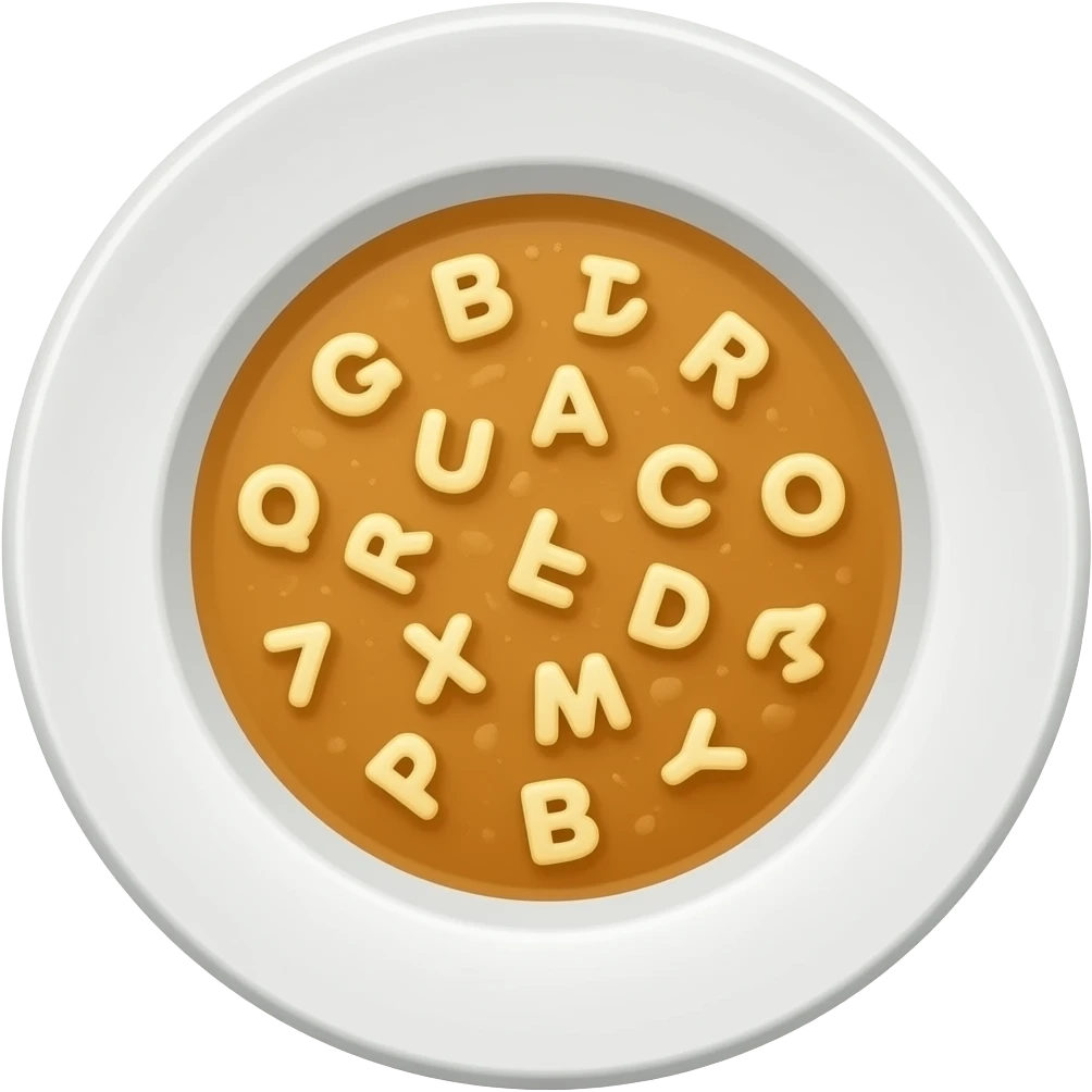 a plate of regular soup with small pasta alphabet letters swimming around on the surface of the soup emoji