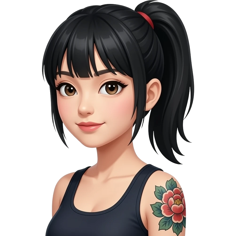 Japanese woman with bang and high ponytail, Japanese tattoo on right arm emoji