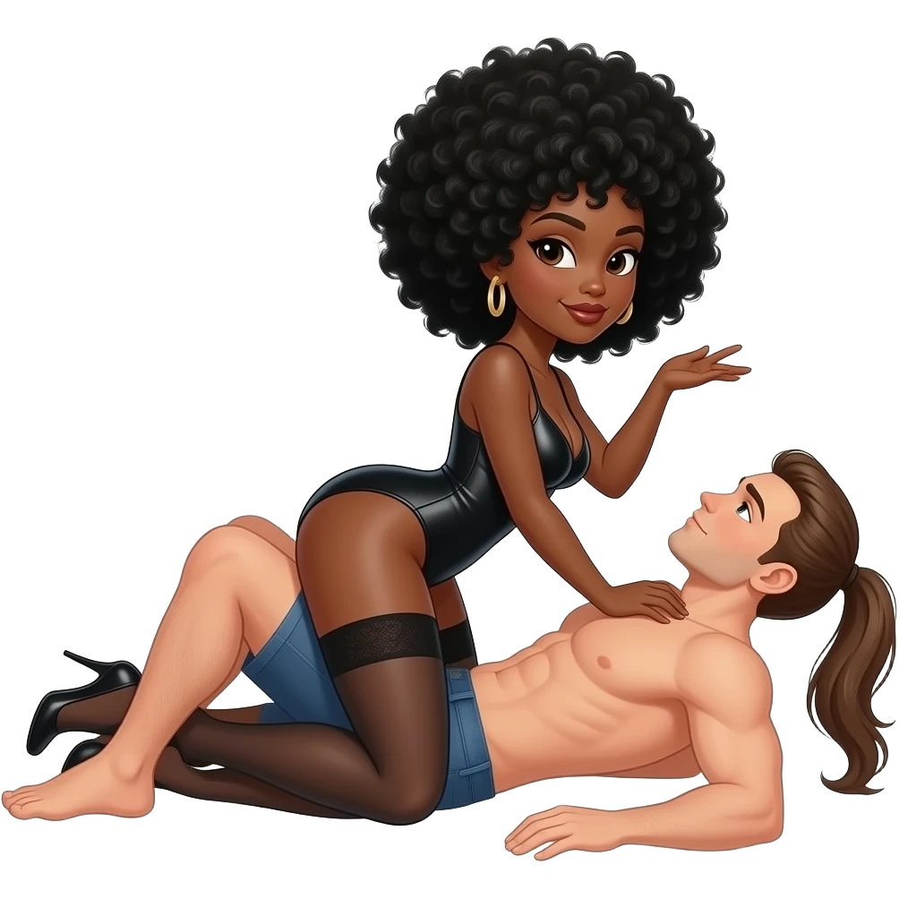 A sexy black woman with black hair color Afro having sex with white man with brown hair pony tail in missionary position emoji
