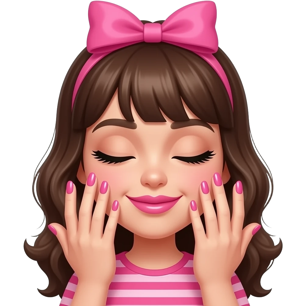 a baddie girl classic emoji; she has these eyes 😔, big glossy pink lips in a pursing motion, long, glossy pink nails held up by her face as if checking them, long lashes, a pink bow 🎀 on her head. She is not cring. she kind of has a happy mouth expression. she has her eyes shut. her emoji