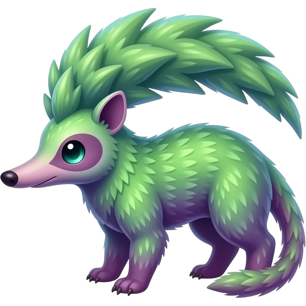 Iridescent Neon Lime-Green-Magenta-gradients Minccino-Numbat-Sergal-fusion-hybrid-animal-creature, full body emoji