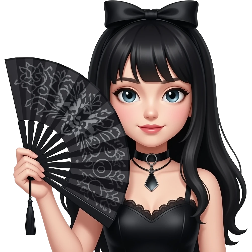 White girl with dark hair holding a Goth style handheld fan emoji