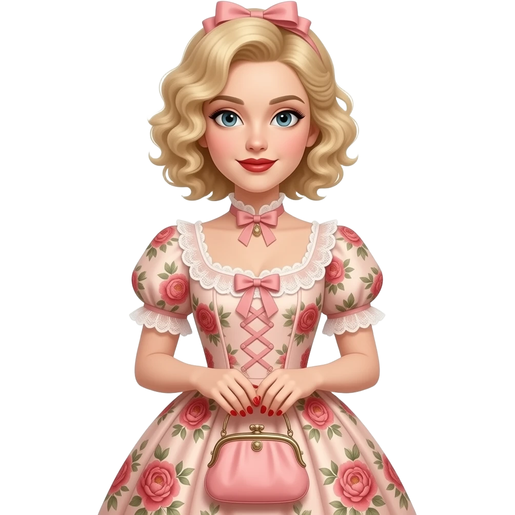 extremely Short blonde curly hair side swept brown lipstick in a peach floral Victorian dress, red nails. holding a Victorian peach purse and black eyebrows emoji
