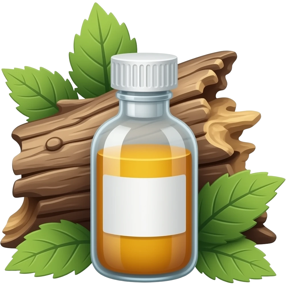 medicine bottle with tree bark and leaves nearby emoji