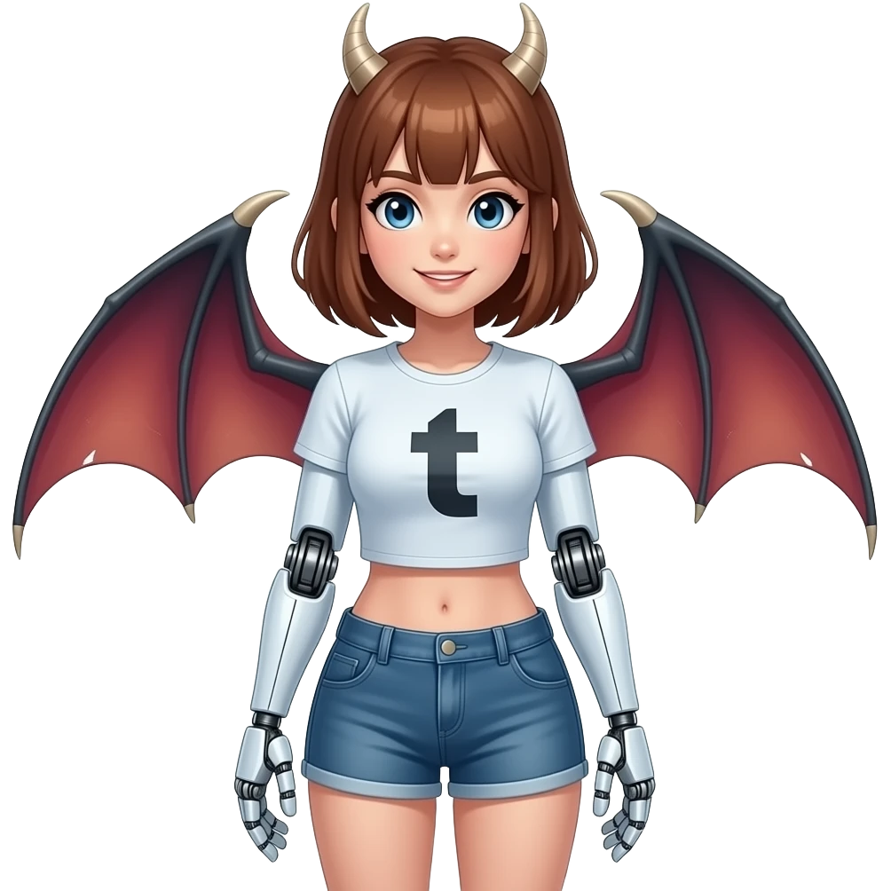 A humanoid robot female dragon wearing a tee shirt and shorts emoji