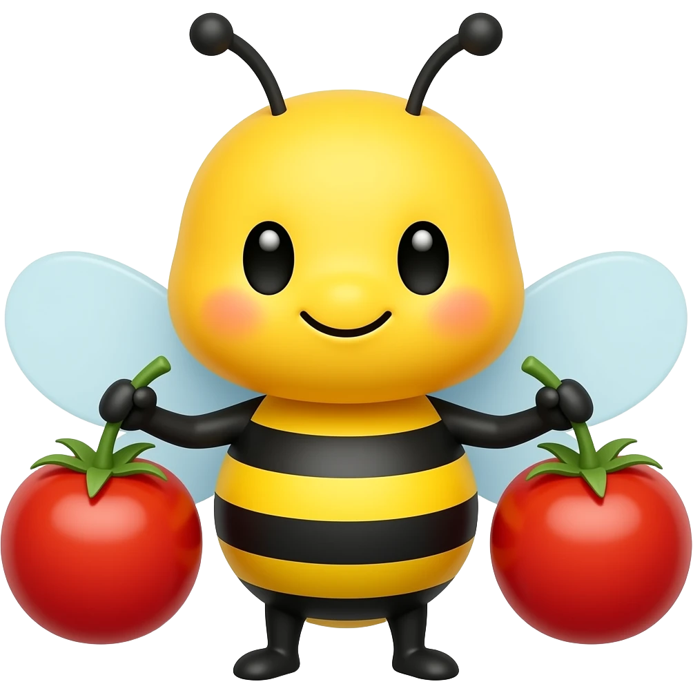 A cute bumblebee holding a cherry tomato in each hand emoji
