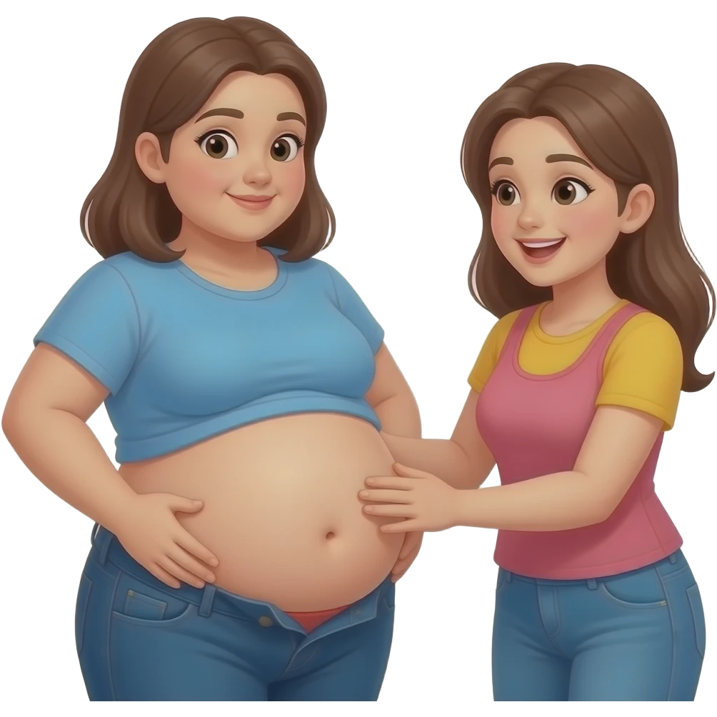 A meeting with two girls,After a great long lunch,one girl is full & fat,her bellybutton is peeking out,her big belly is getting noticed,so other girl was impressed and eagerly touching the one overfed girl’s bloated belly, emoji
