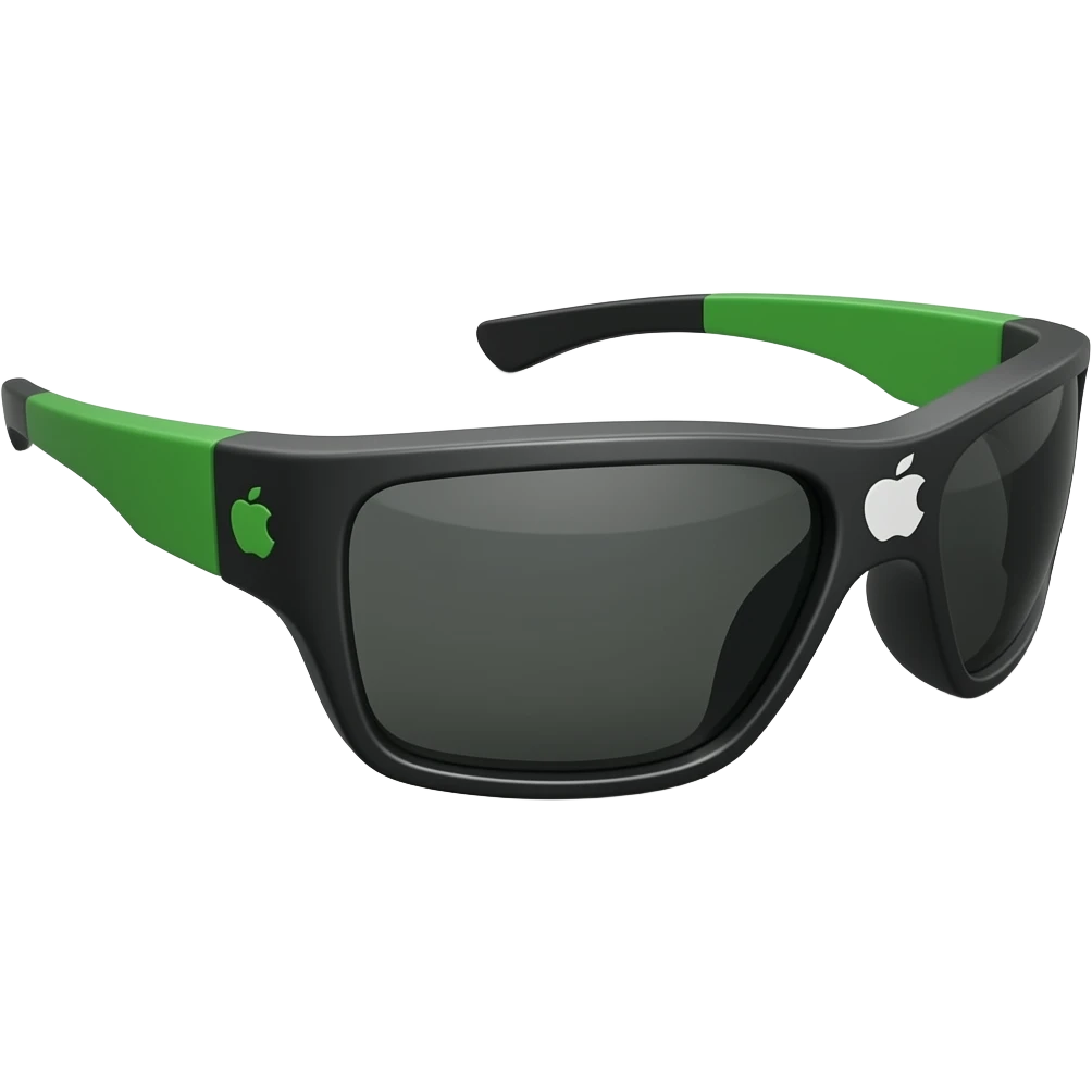 Apple iOS style sports sunglasses emoji, glossy 3D wraparound sunglasses, black lenses with green accents, sleek athletic design, smooth shading, ultra detailed, clean background, premium iOS emoji aesthetic emoji
