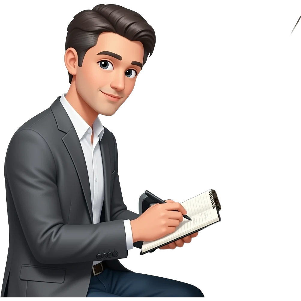 a tall skinny man with dark grey hair writing song in front of a piano, in business casual outfit emoji