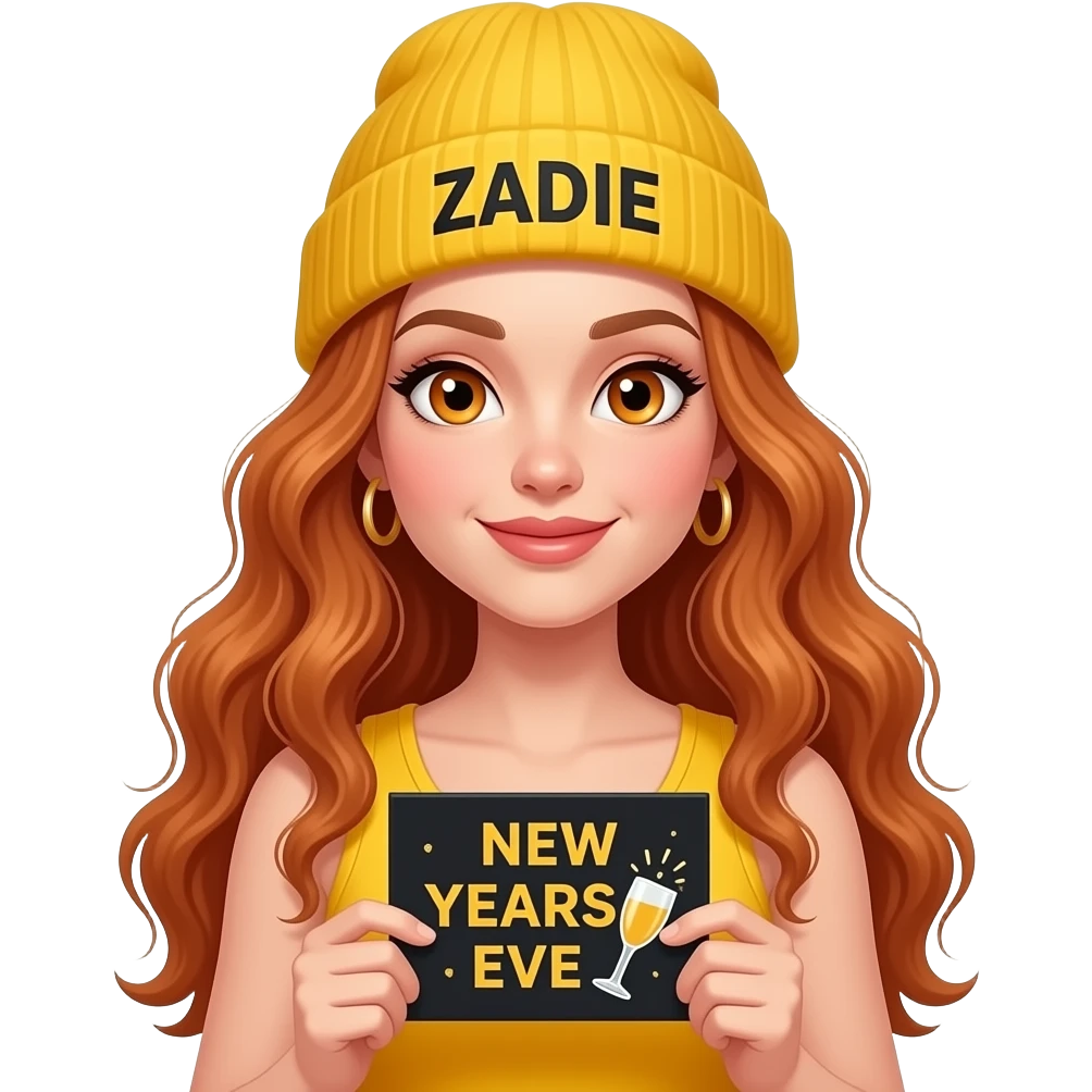 sexy girl with overlong wavy ginger hair and ginger eyes wearing a yellow tanktop and a yellow beanie with ZADIE written on it, is holding a black sign with just NEW YEARS EVE 🥂on it emoji