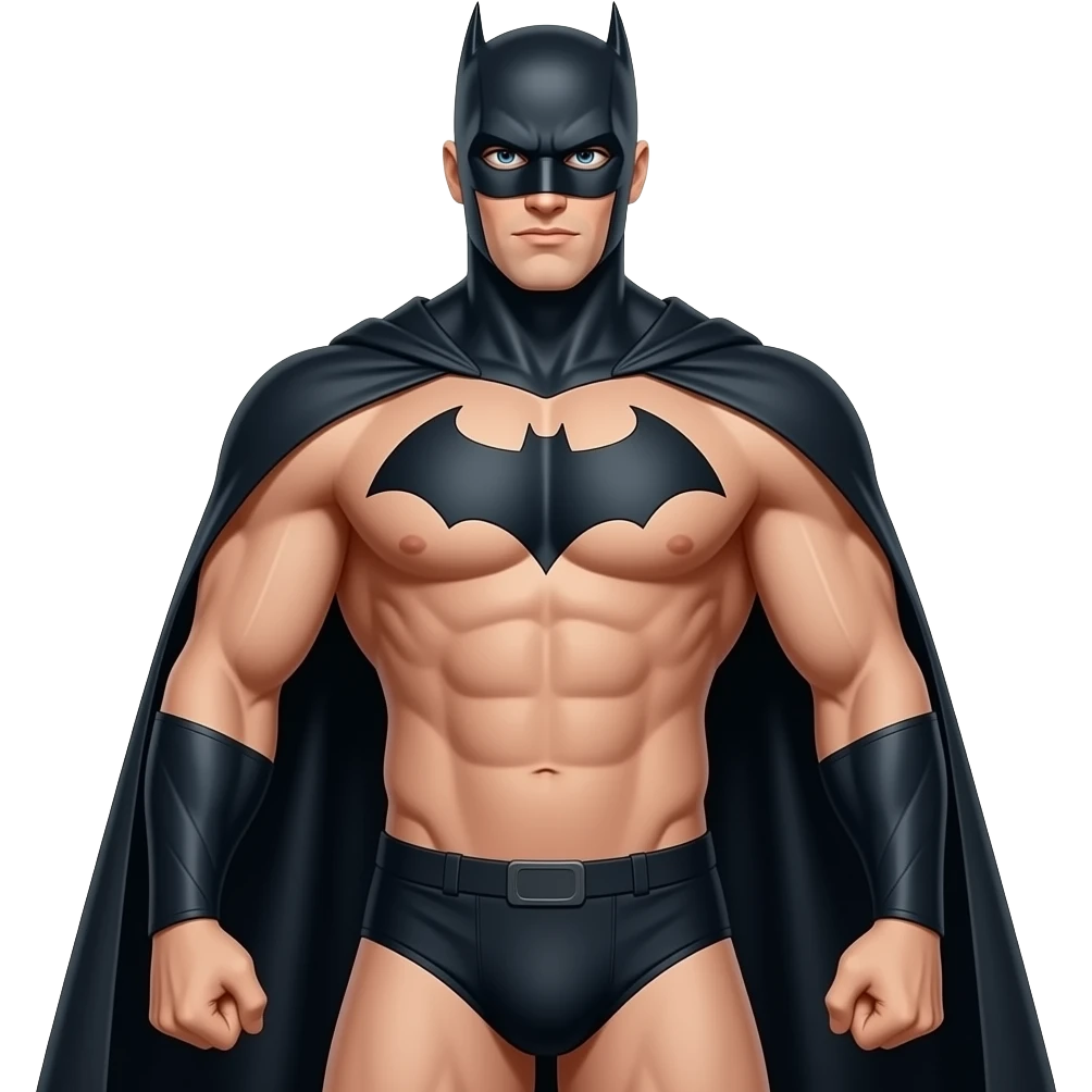 full body male superhero clothless figure with muscular build in thin, narrow superhero underwear with bulge and superhero mask and superhero cape emoji