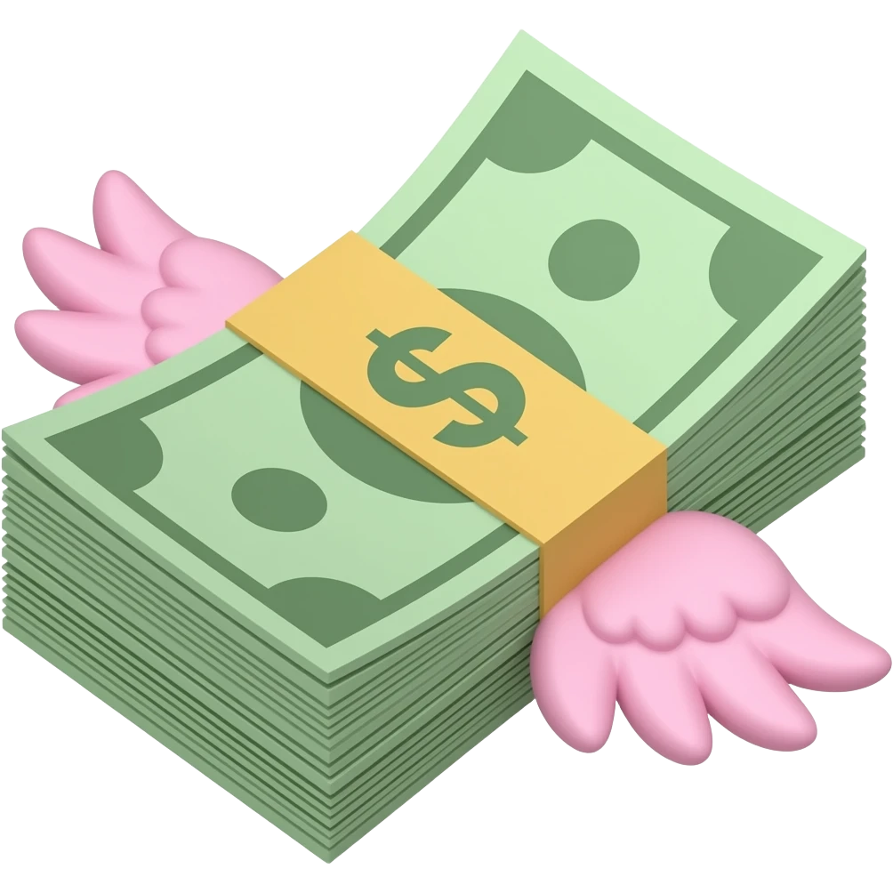 stack of cash with pink wings emoji