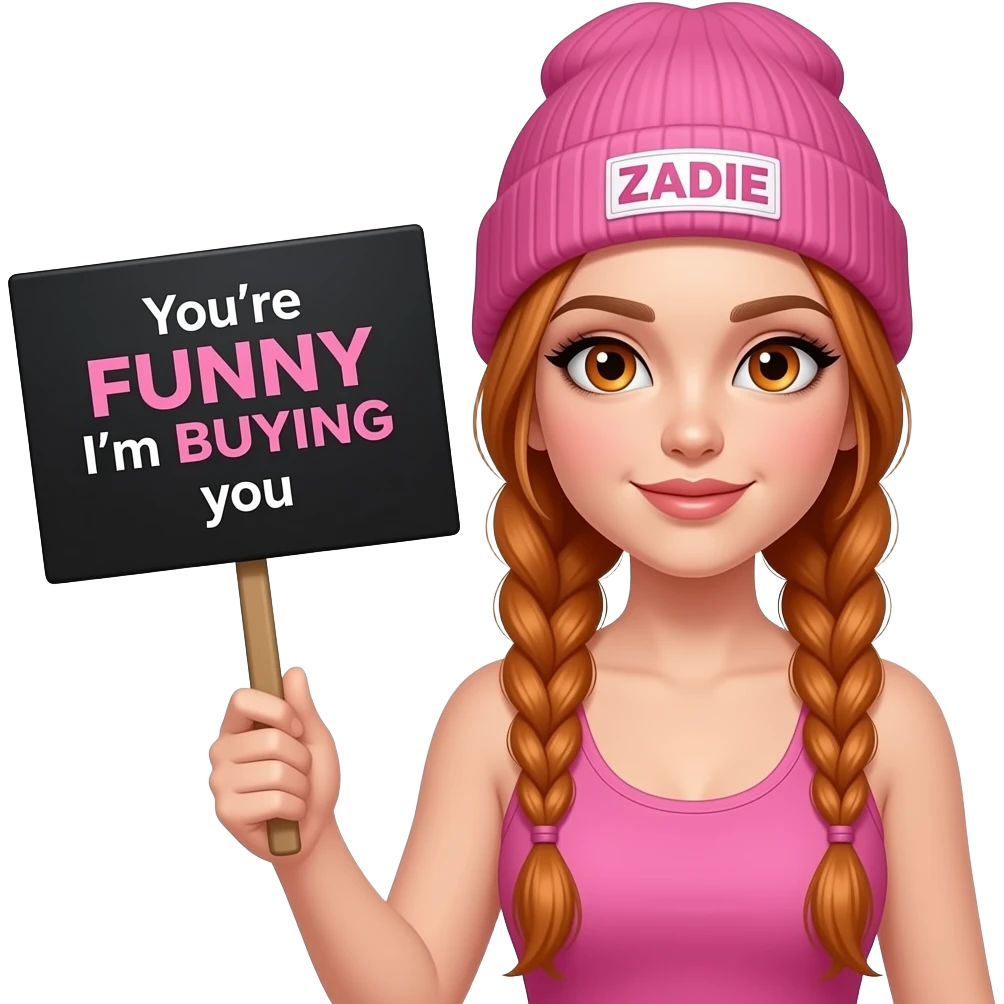 sexy girl with overlong ginger braids and ginger eyes wearing a pink tanktop and a pink beanie with ZADIE written on it, is holding a black sign with You're FUNNY I'm BUYING you written on it emoji