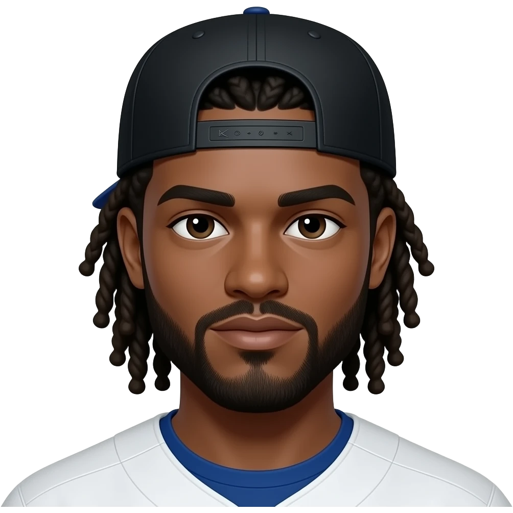 black mixed lighter light skin guy with a black LA dodgers hat black worn backwards with long dreads emoji