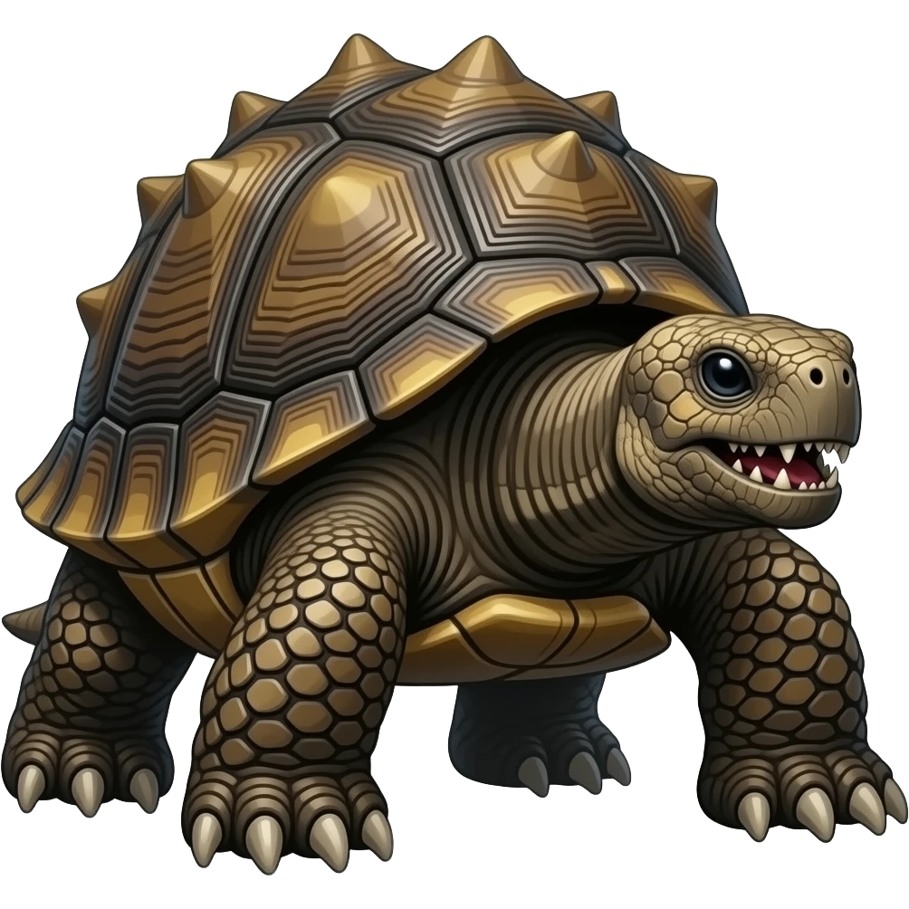 Enormous prehistoric turtle with Rough, spiked shell, Elephant-like legs with claws, Beaked mouth, Ability to retract limbs into its shell, with glowing eyes and tusk-like fangs, kaiju emoji