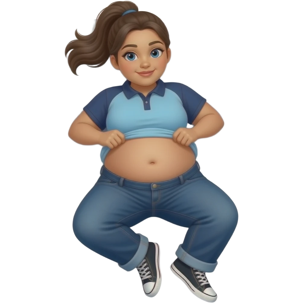 Obese Hispanic girl with brown ponytail and blue eyes light blue and dark blue polo and dark blue baggy jeans and white and black sneakers and belly button laying down on her pillow on her bed lifting her shirt to show her belly emoji