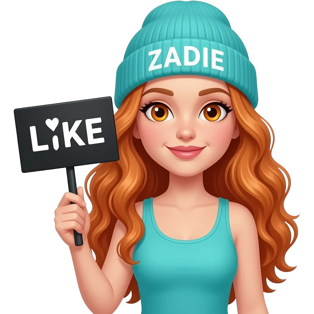 sexy girl with overlong wavy ginger hair and ginger eyes wearing a turquoise tanktop and a turquoise beanie with ZADIE written on it, is holding a black sign with LIKE 🤍 written on it emoji