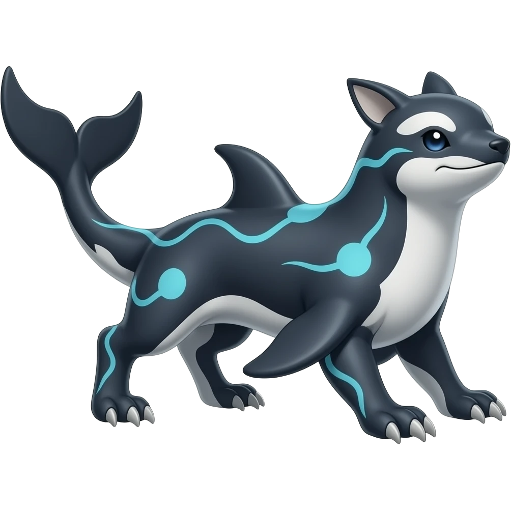 Tough realistic Quadrupedal digitigrade shiny glossy smooth finned frilled gothic tall slim unique epic legendary shiny edgy cool cyberpunk-solarpunk-fantasy-Sharpedo-Sceptile-Sprigatito-Flyogn-Vaporeon-Electrike-Fakémon-hybrid with an orca tail emoji