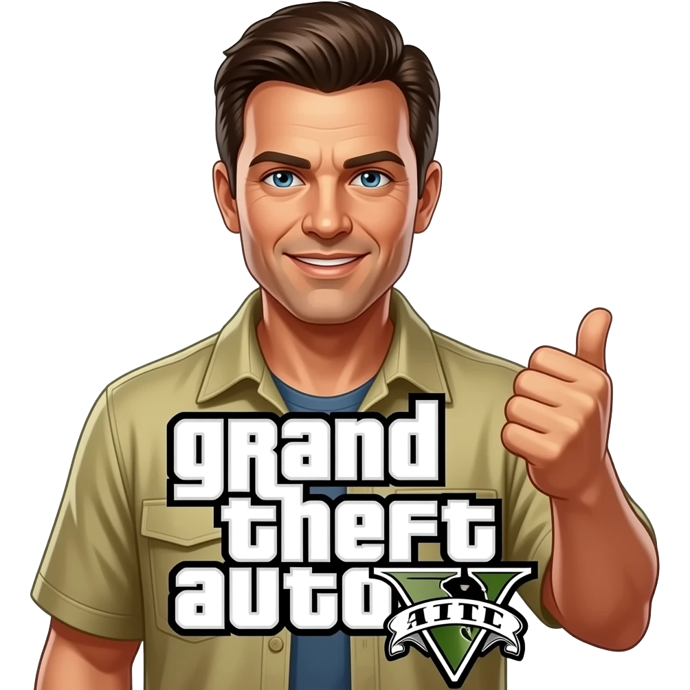 Trevor from GTA5 that has a white skin tone and has a grand theft auto V. sign in the front emoji