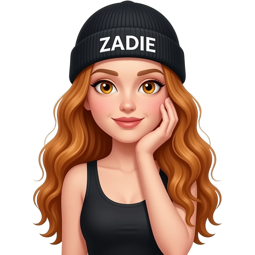 sexy girl with overlong wavy ginger hair and ginger eyes wearing a black tanktop and a black beanie with ZADIE written on it, is putting her hand on her cheeks emoji