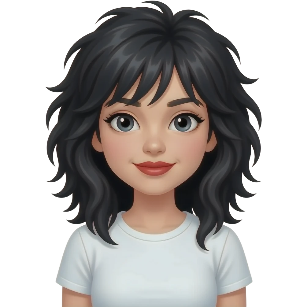 دختر سفید پوست با موی مشکی فرفری و رژ قرمز و تیشرت سفید emoji