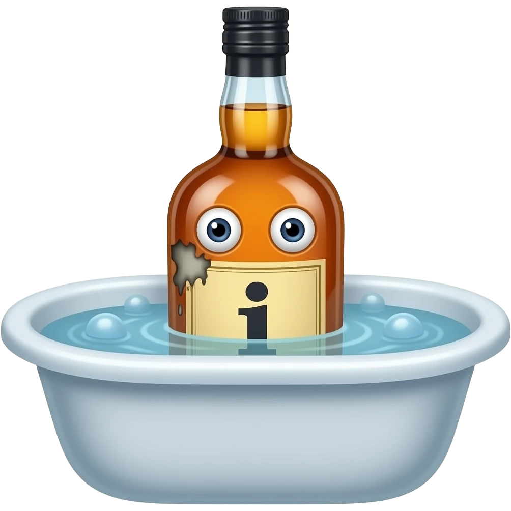 viski en forma de una perona con etiqueta i con ojos etiqueta de viski 4 viskimas pero uno rorto en banyos gracioso emoji