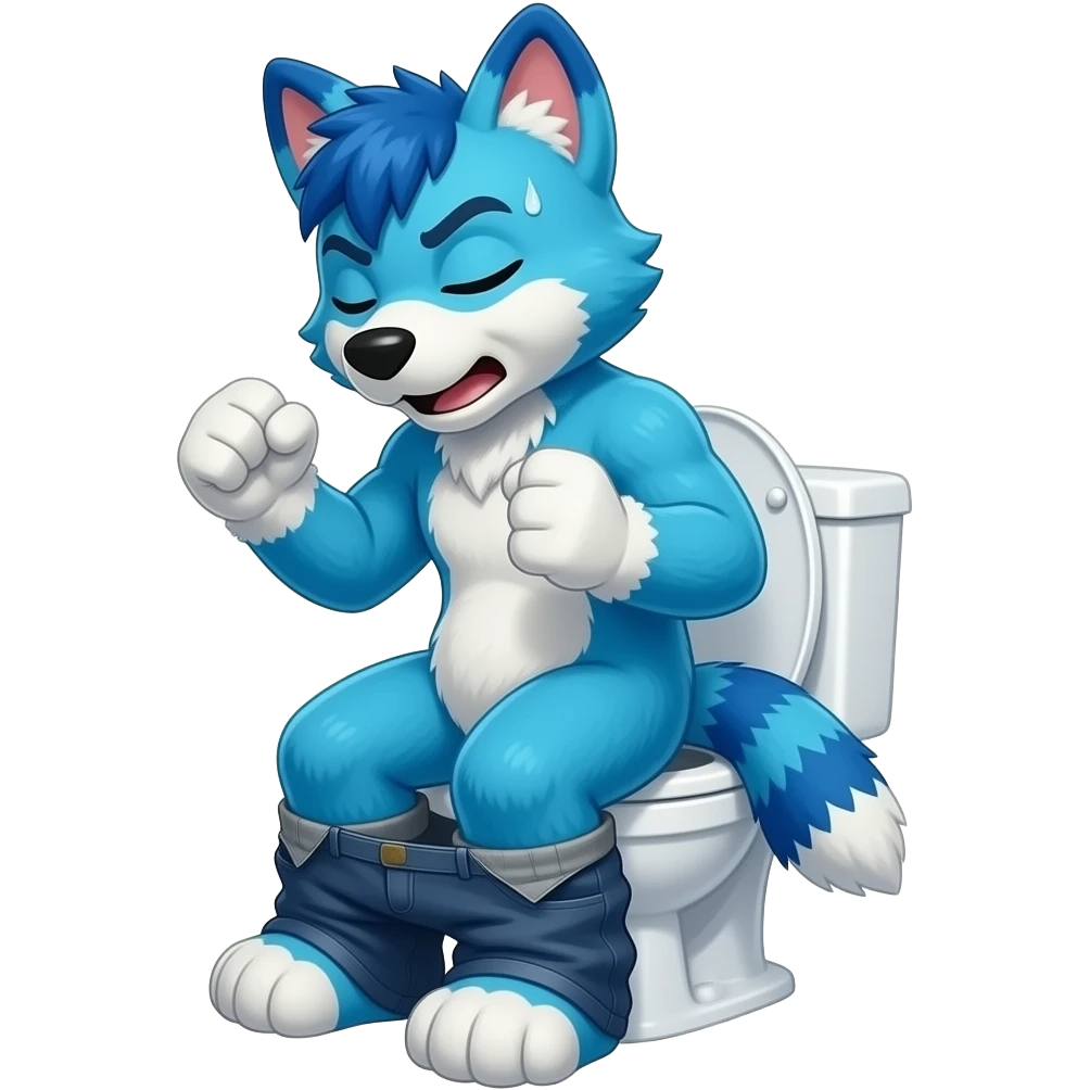 blue fursuit sitting on toilet, side view , pants down, pushing, eyes closed, straining face, pushing, sweating, both fists emoji