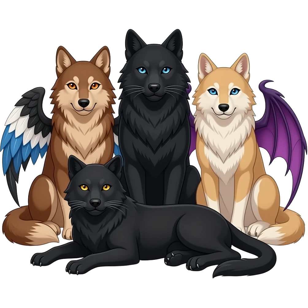 Three wolves are sitting together with a black panther with golden eyes lying at their feet. One wolf russet brown with orange eyes and black, white, and blue feathered wings. The middle wolf is all black with blue eyes, and the last wolf is tan with blue eyes and purplish draconic succubi wings. emoji