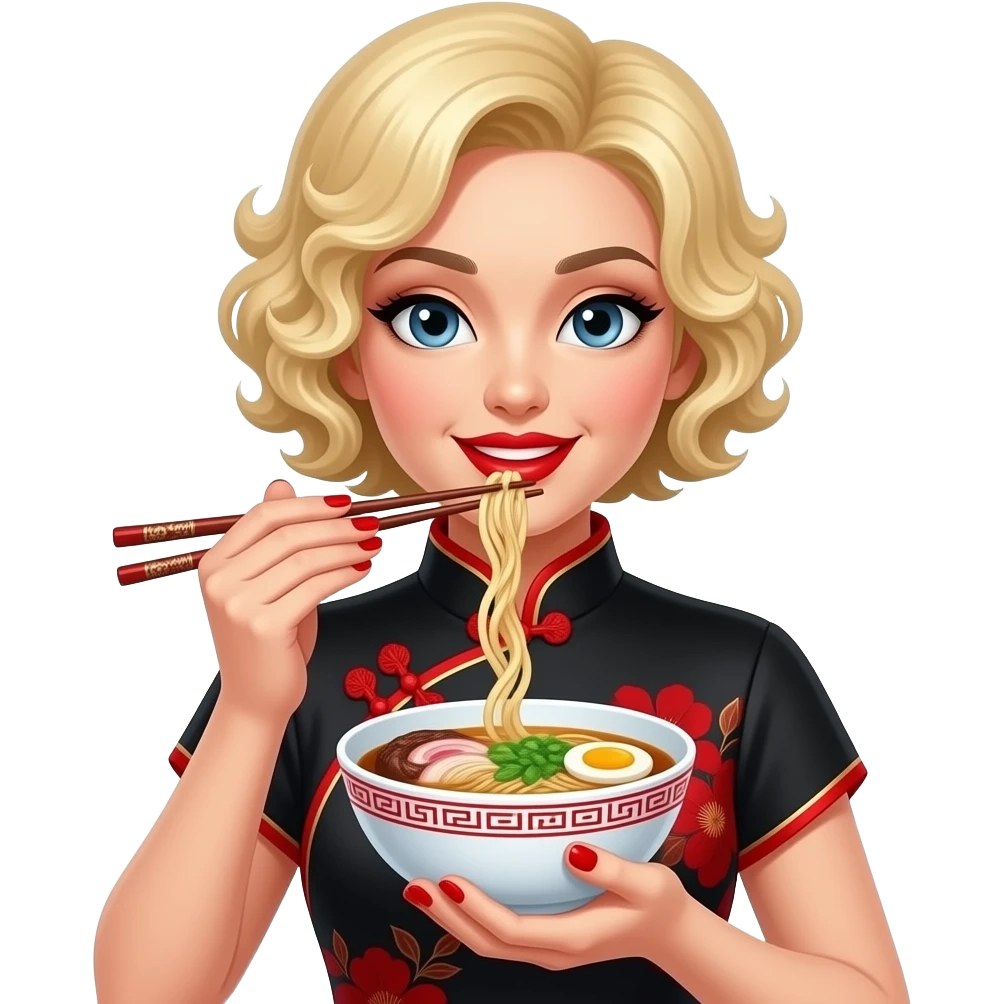 above neck Short blonde curly spiral hair eating a bowl of Ramen with Chinese red floral chopsticks, red fingernails and red lipstick with an black and red Asian traditional blouse emoji