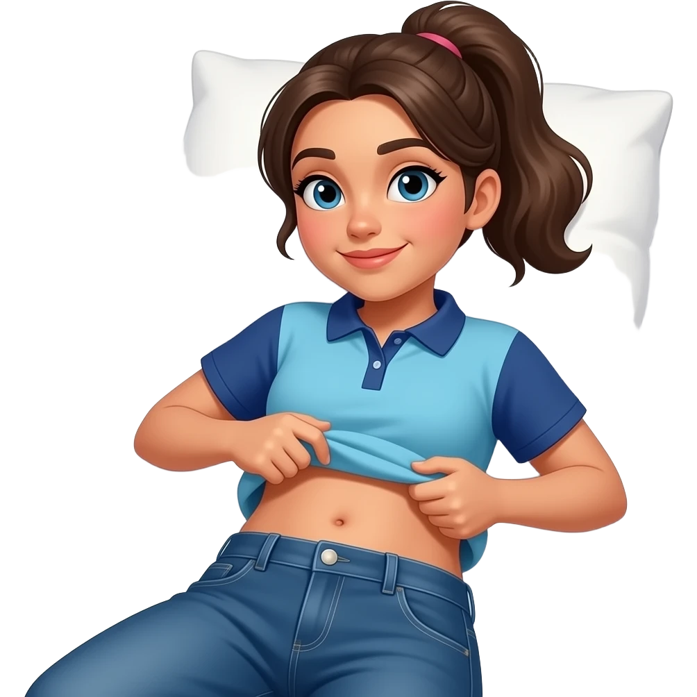 Hispanic girl with brown ponytail and blue eyes light blue and dark blue polo and dark blue baggy jeans and belly button laying down on her pillow on her bed lifting her shirt belly rolling emoji