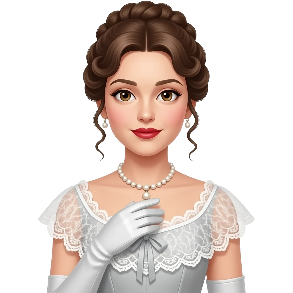 Victorian look with hair pinned up in curly tendrils, Victorian outfit with red lipstick emoji