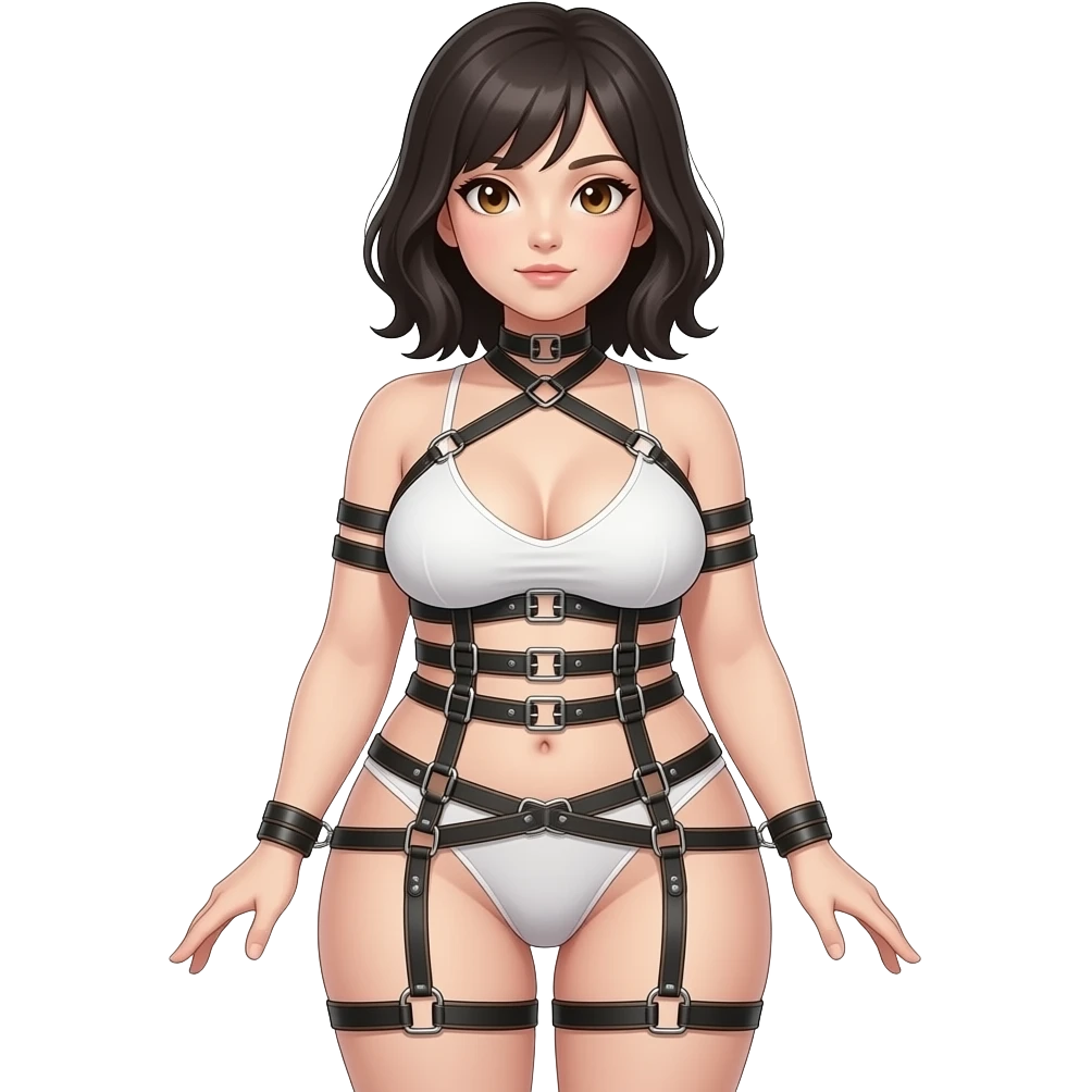 Submissive woman in shibari body harness, full body. White skin, chubby, halflong dark hair, hazel eyes. emoji