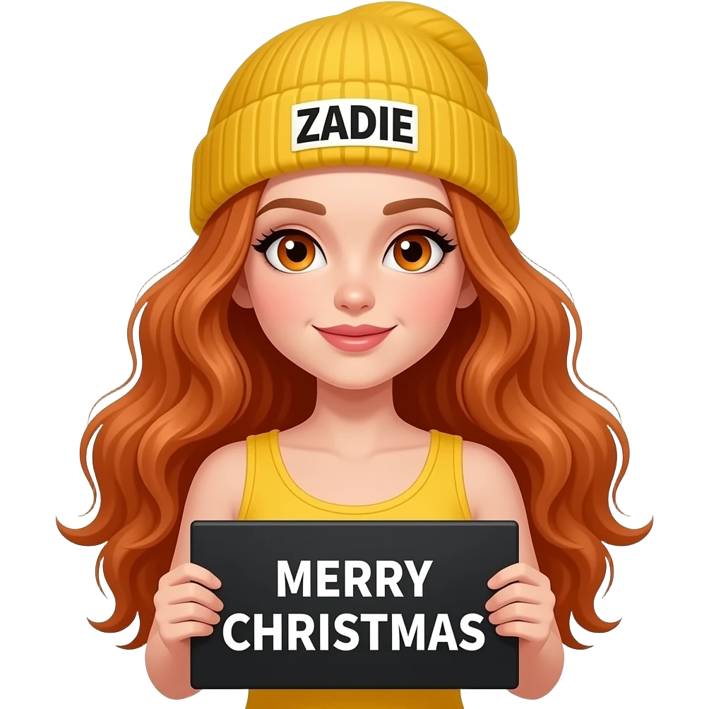 sexy girl with overlong wavy ginger hair and ginger eyes wearing a yellow tanktop and a yellow beanie with ZADIE written on it, is holding a black sign with just MERRY CHRISTMAS on it emoji