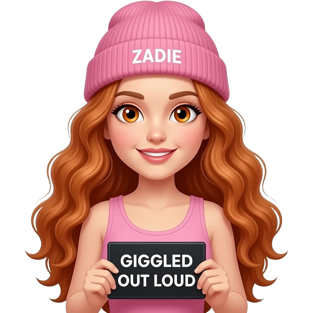 sexy girl with overlong wavy ginger hair and ginger eyes wearing a pink tanktop and a pink beanie with ZADIE written on it, is holding a black sign with GIGGLED OUT LOUD written on it emoji