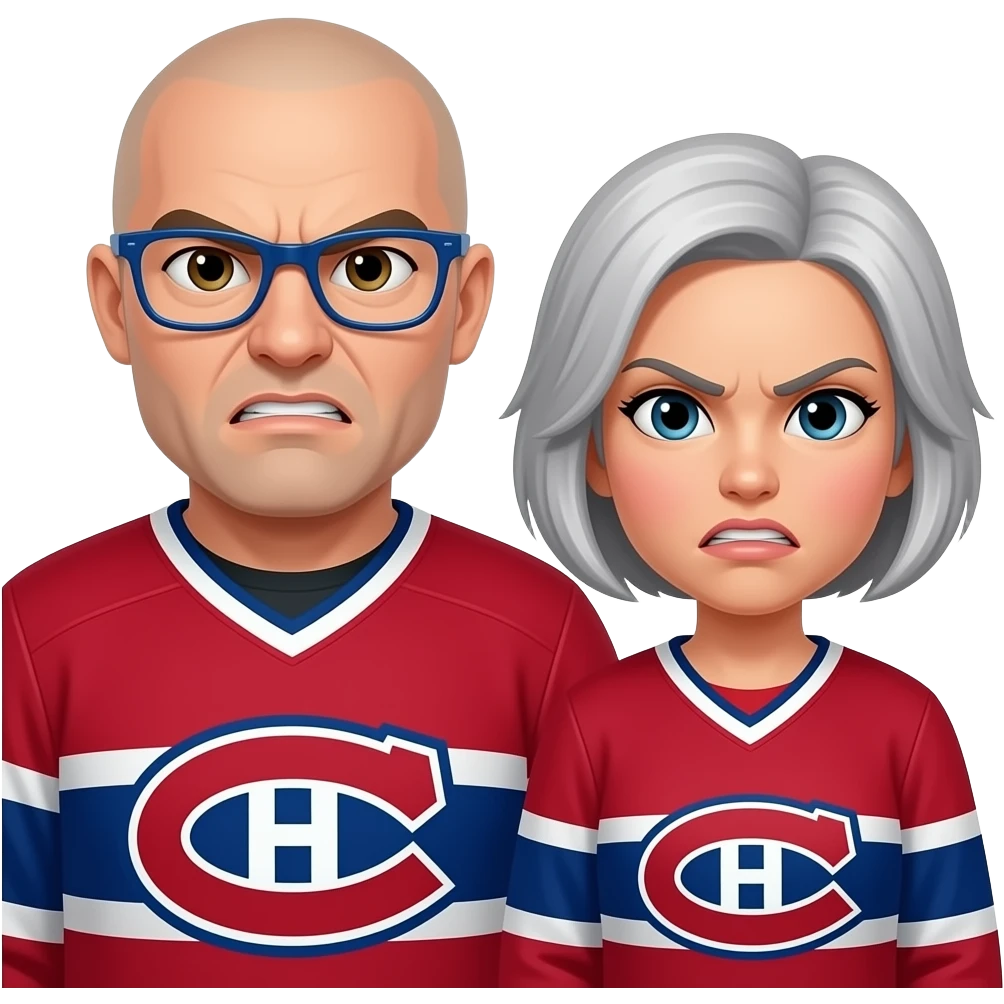 Both Extremely Angry 50 year old 170 lbs man, completely Bald, no hair, brown eyes, wearing blue glasses and montreal canadiens jersey with short light gray haired woman wearing the same emoji