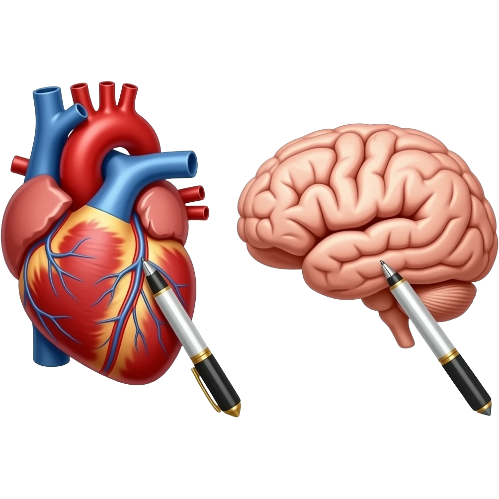 An anatomically acurate human heart with a pen writing "Law:" on the heart. Next to it, an anatomically correct human brain with a pen writing "Law:" on the brain. The word "Law:" has to be on both the heart and the brain.  There should only be one heart and one brain. emoji