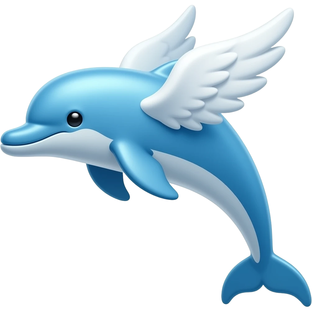 🐬thin dolphin emoji with 2 white wings, glass blue ,2d, simple emoji