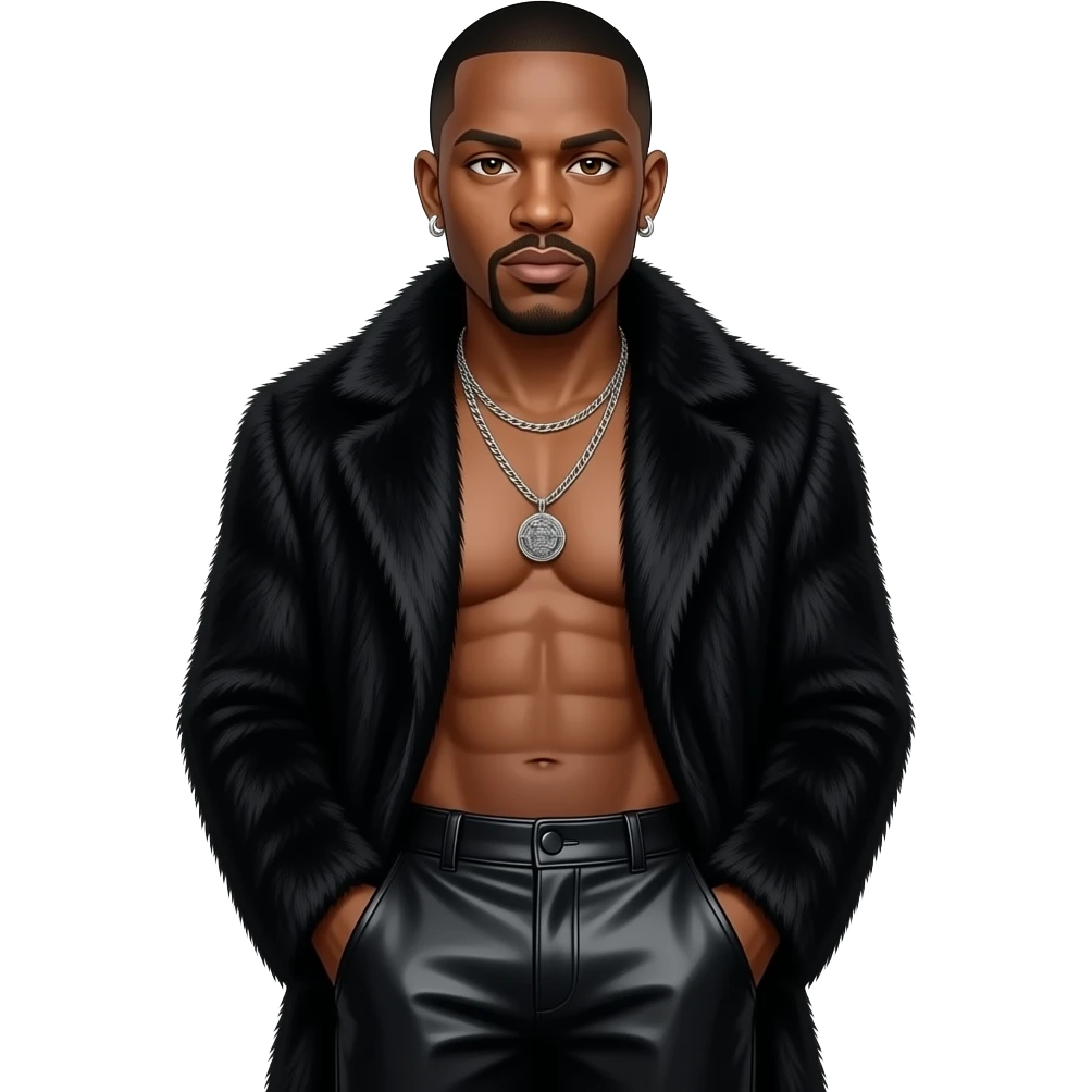 Ice T with hazel eyes, black buzz cut hair, black fur coat, black metallic baggy pants, shirtless with necklace and earrings emoji