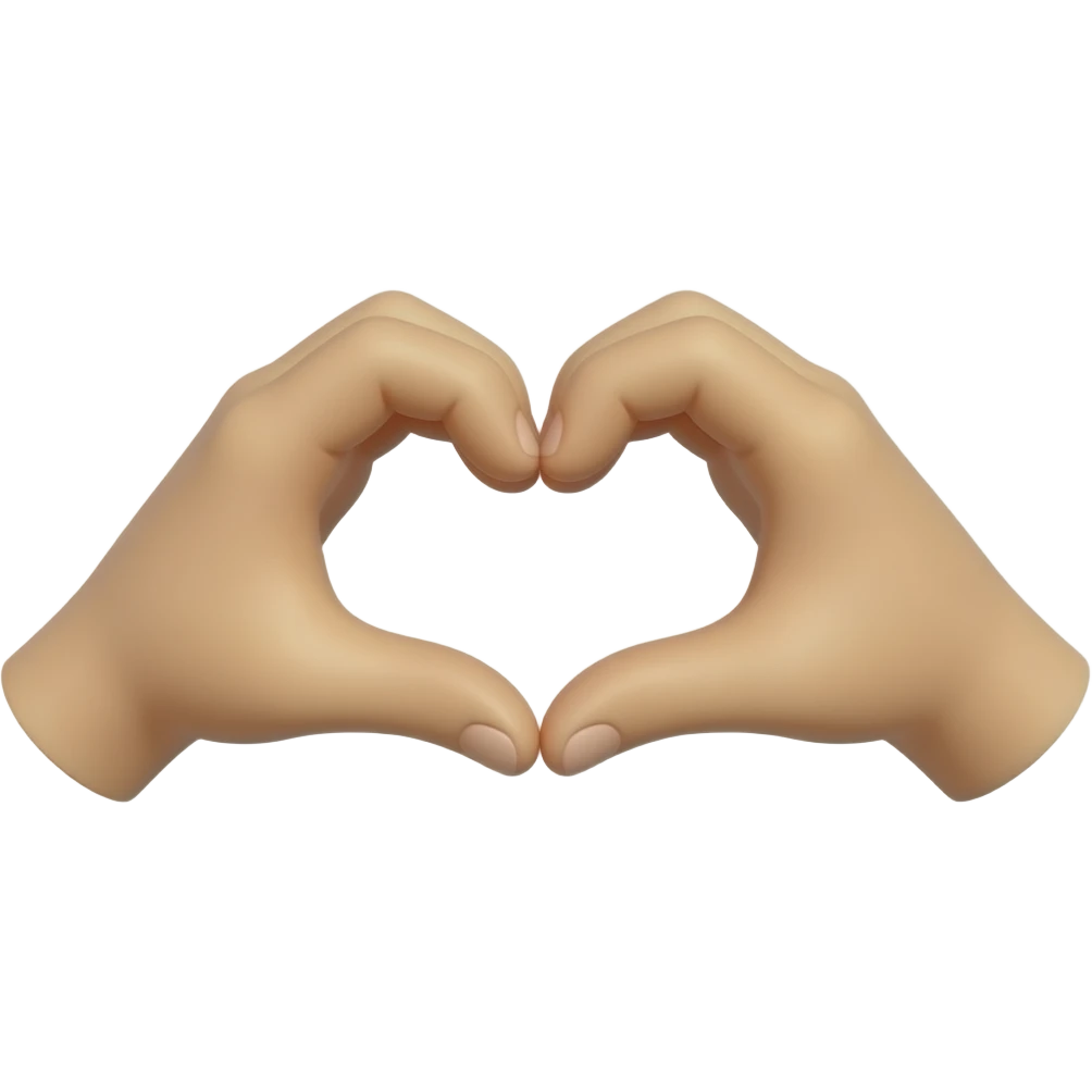 Cute 3D hand-heart emoji, two hands forming a heart, rounded glossy texture, white background, centered, minimal icon style. emoji