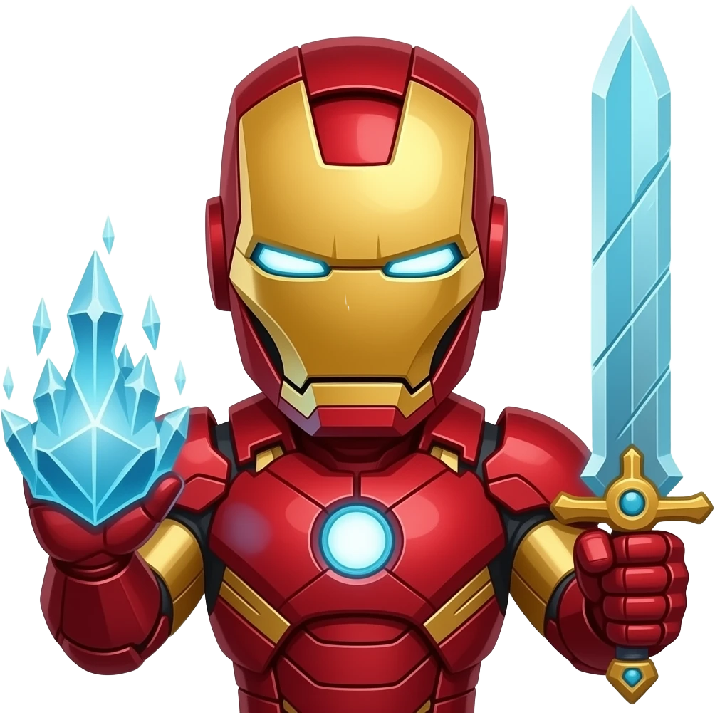 Iron man holding a glowing ice elemental sort ice elemental. Sword emoji