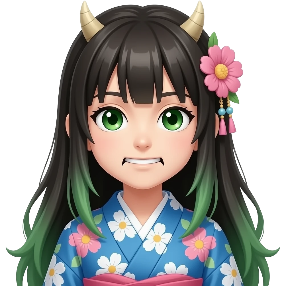 Que se parezca a Nezuco Demon Slayer pero con los ojos verdes el bambú grueso la boca el kimono azul y flores color pastel emoji