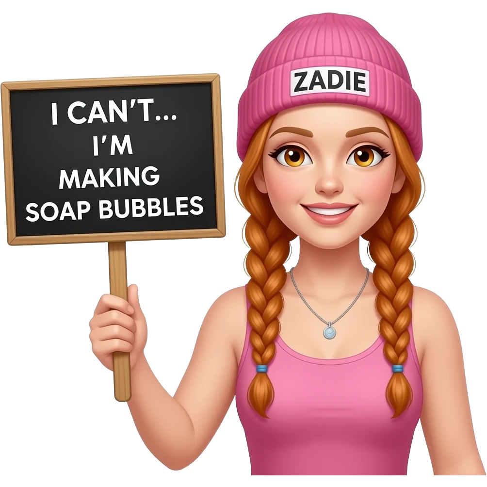 sexy girl with overlong ginger braids and ginger eyes wearing a pink tanktop and a pink beanie with ZADIE written on it, is holding a black sign with ICH KANN NICHT... ich mache SEIFENBLASEN written on it emoji